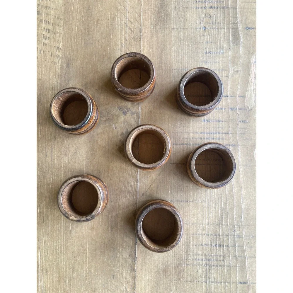 Vintage Knobler Taiwan Wood Napkin Rings Set of 7 Brown Double Groove MCM Rustic
